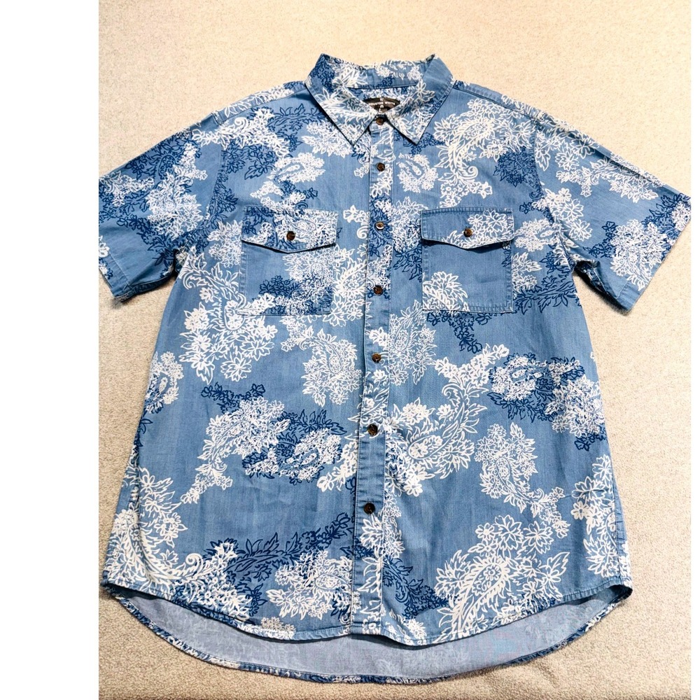Houston White Target Men's L Blue Floral Paisley Button Front Camp Shirt Cotton